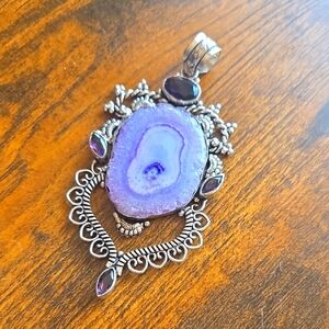925 Silver Plate Purple Solar Quartz & Amethyst Pendant